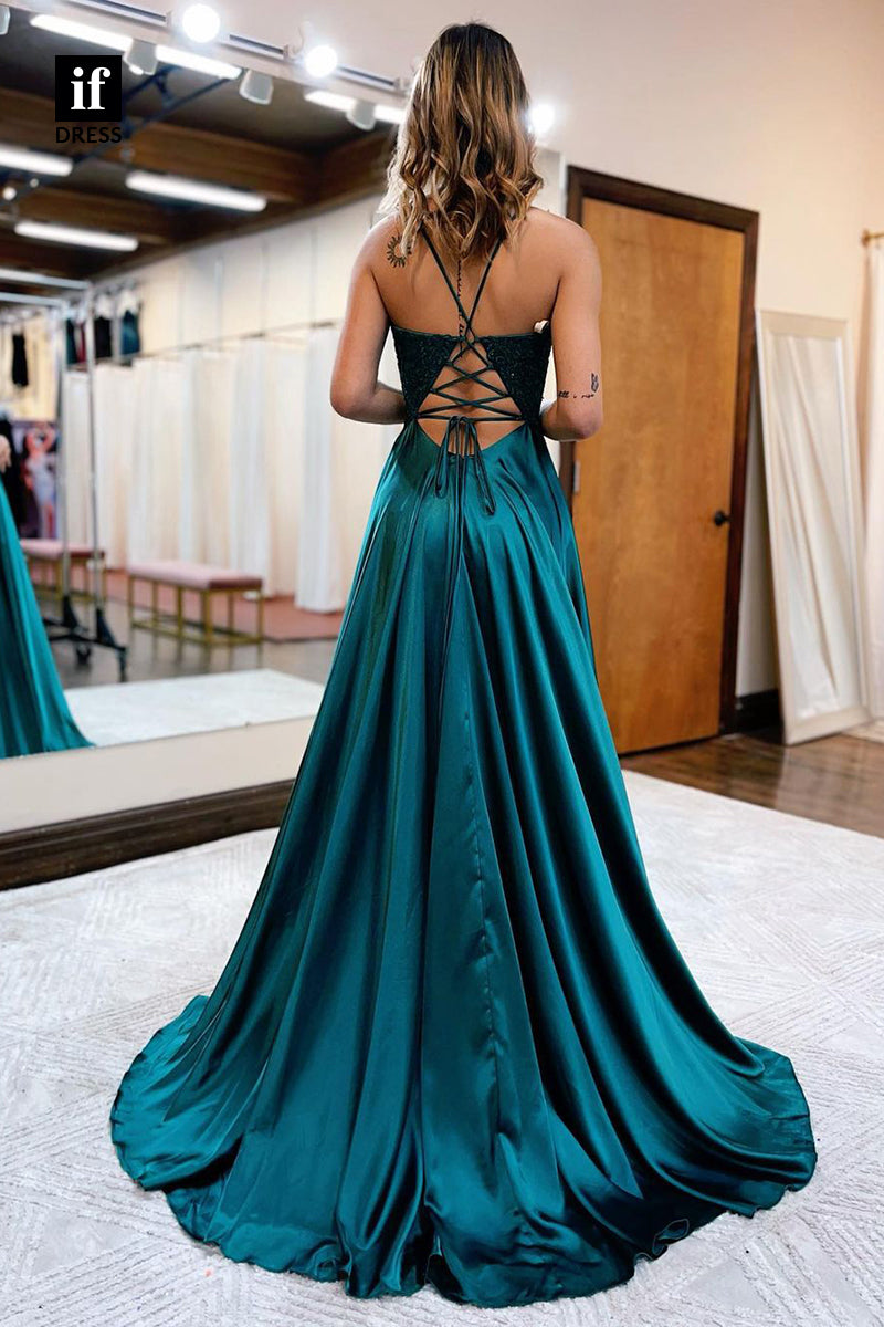 33928 - Sexy Spaghetti Straps Sequins V-Neck Split Prom Formal Dress