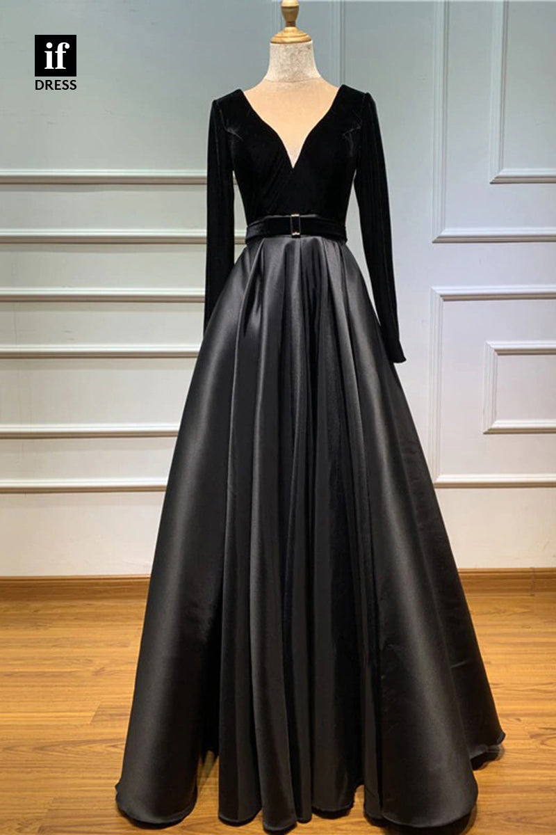 33934 - Elegant A-Line Long Sleeves V-Neck Belt Satin Velvet Formal Dress