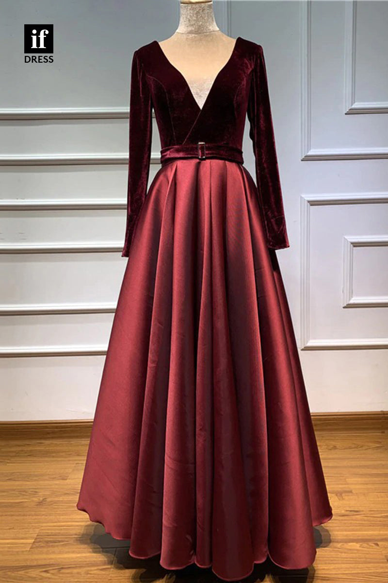 33934 - Elegant A-Line Long Sleeves V-Neck Belt Satin Velvet Formal Dress