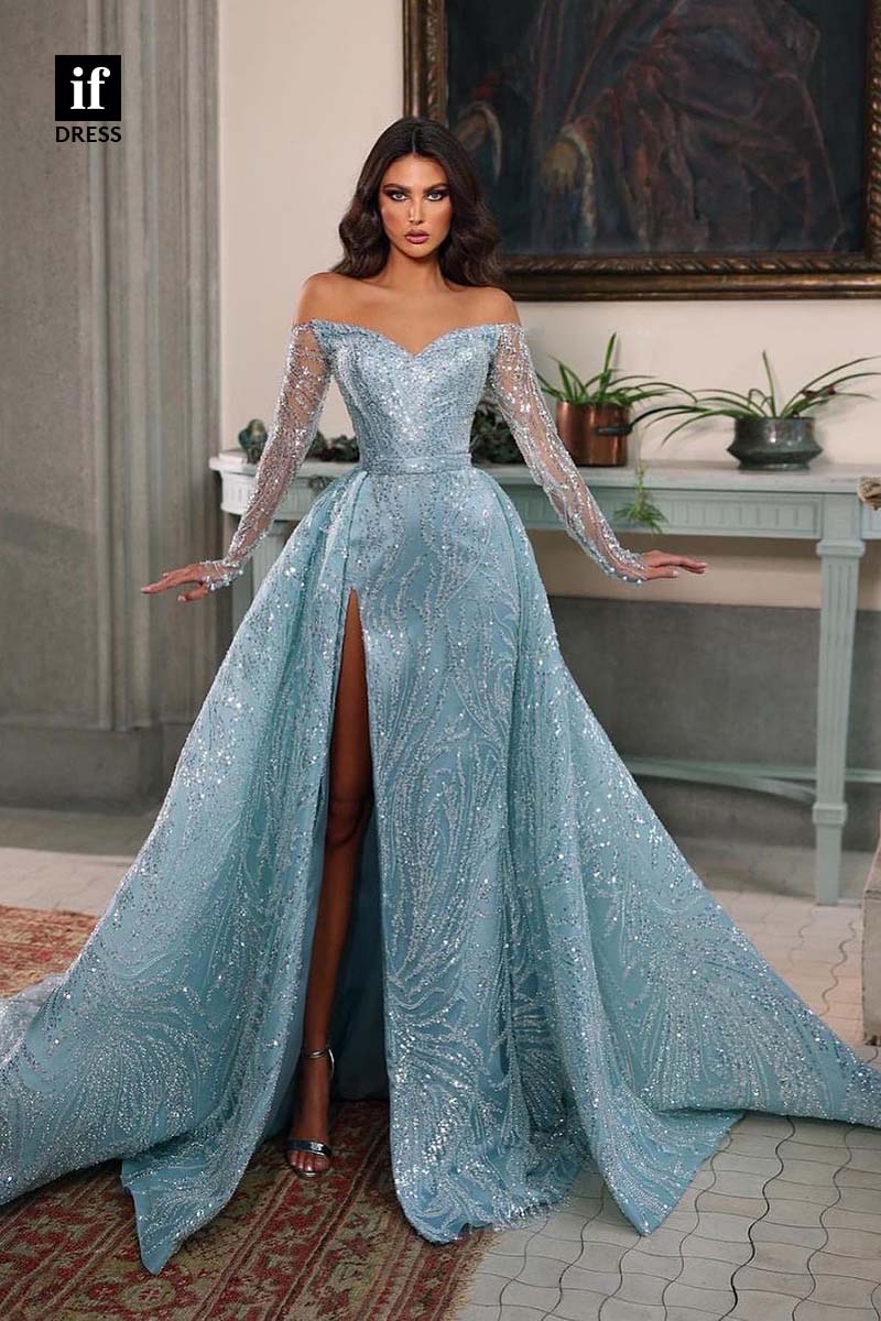 33935 - Stunning Strapless Long Sleeves High Split Detachable Train Evening Formal Dress