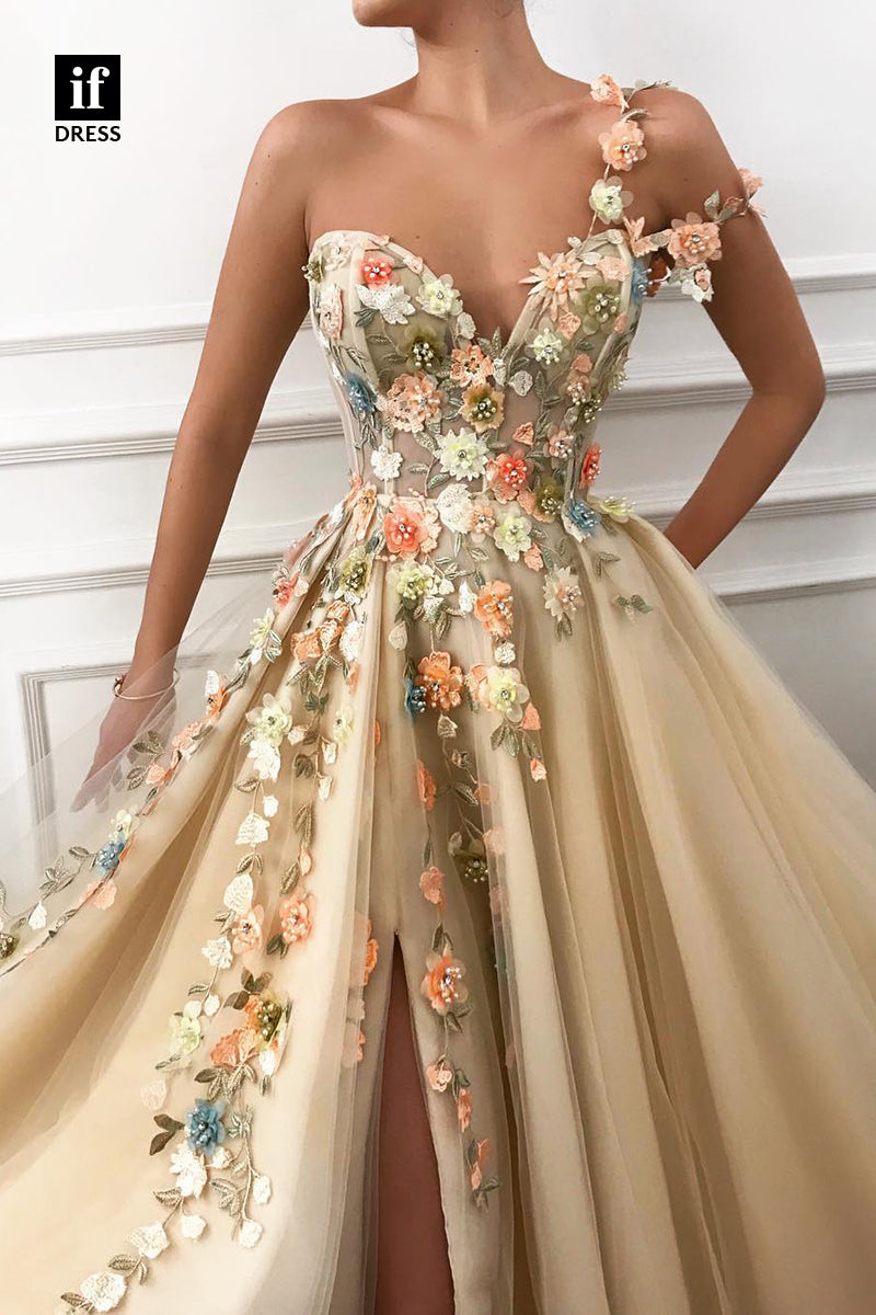 33936 - Elegant A-Line V-Neck One Shoulder Appliques Tulle Prom Formal Gown with Split