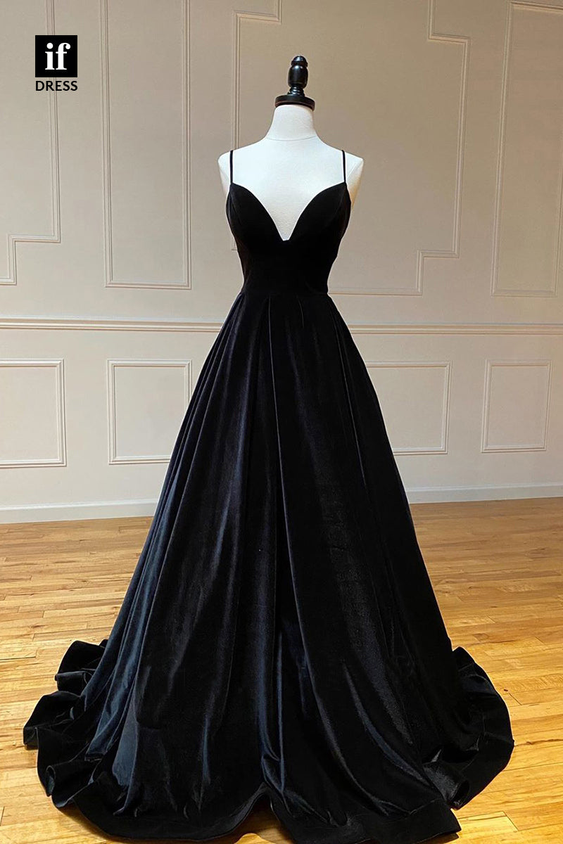 33940 - Elegant A-Line V-Neck Spaghetti Straps Velvet Formal Gown