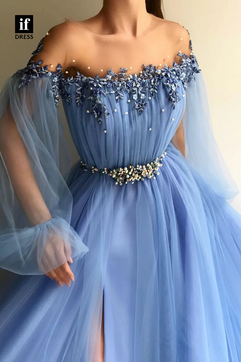 33943 - Romantic A-Line Off-Shoulder Long Sleeves Tulle Belt Prom Formal Gown