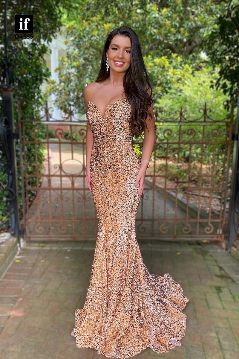 33952 - Sexy Off-Shoulder V-Neck Sequins Column Sparkly Formal Dress