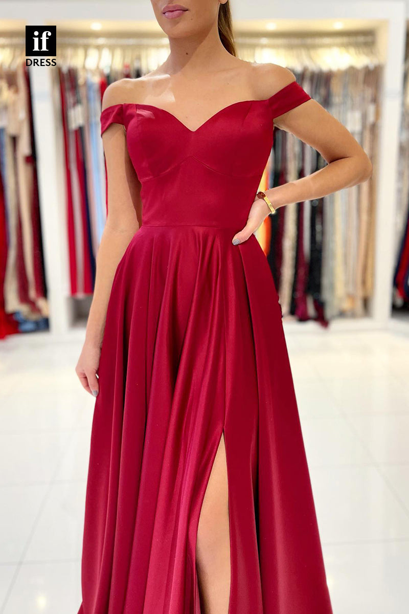 33955 - A-Line Off-Shoulder Cap Sleeves High Split Prom Formal Dress