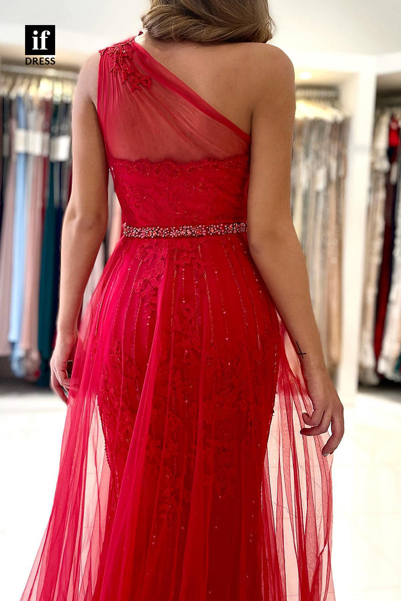 33957 - A-Line One Shoulder Belt Sleeveless Tulle Satin Prom Formal Dress