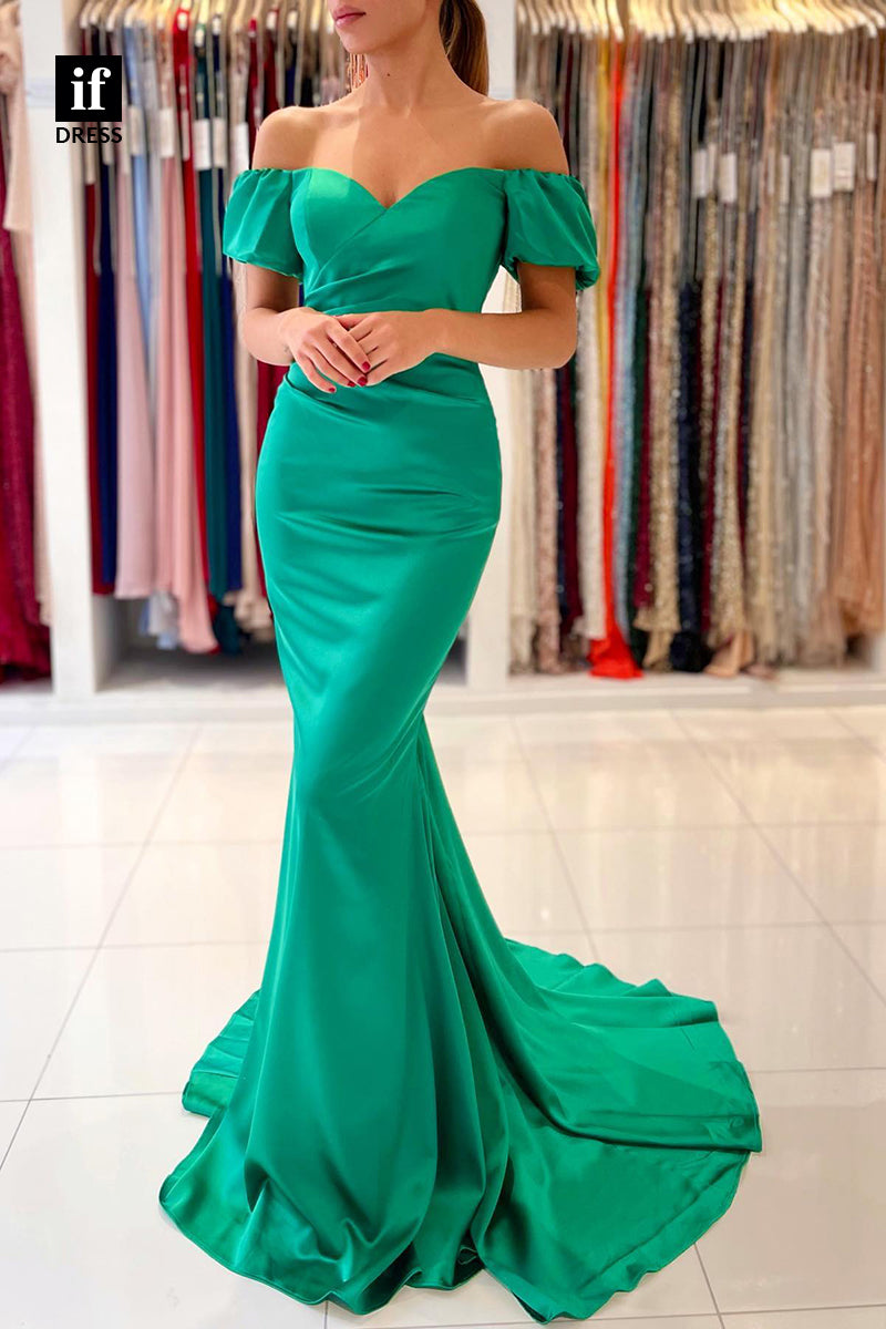 33958 - Stylish Off-Shoulder Sweetheart Cap Sleeves Pleats Prom Formal Gown