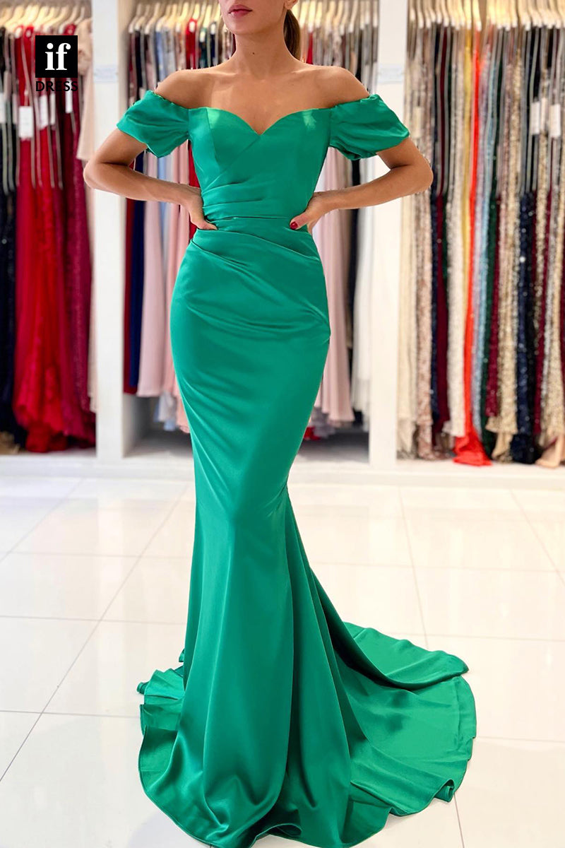 33958 - Stylish Off-Shoulder Sweetheart Cap Sleeves Pleats Prom Formal Gown