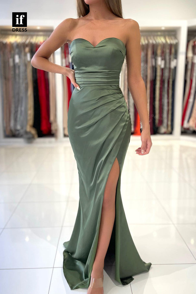 33961 - Off-Shoulder Sweetheart Pleats Satin Column Prom Bridesmaid Gown