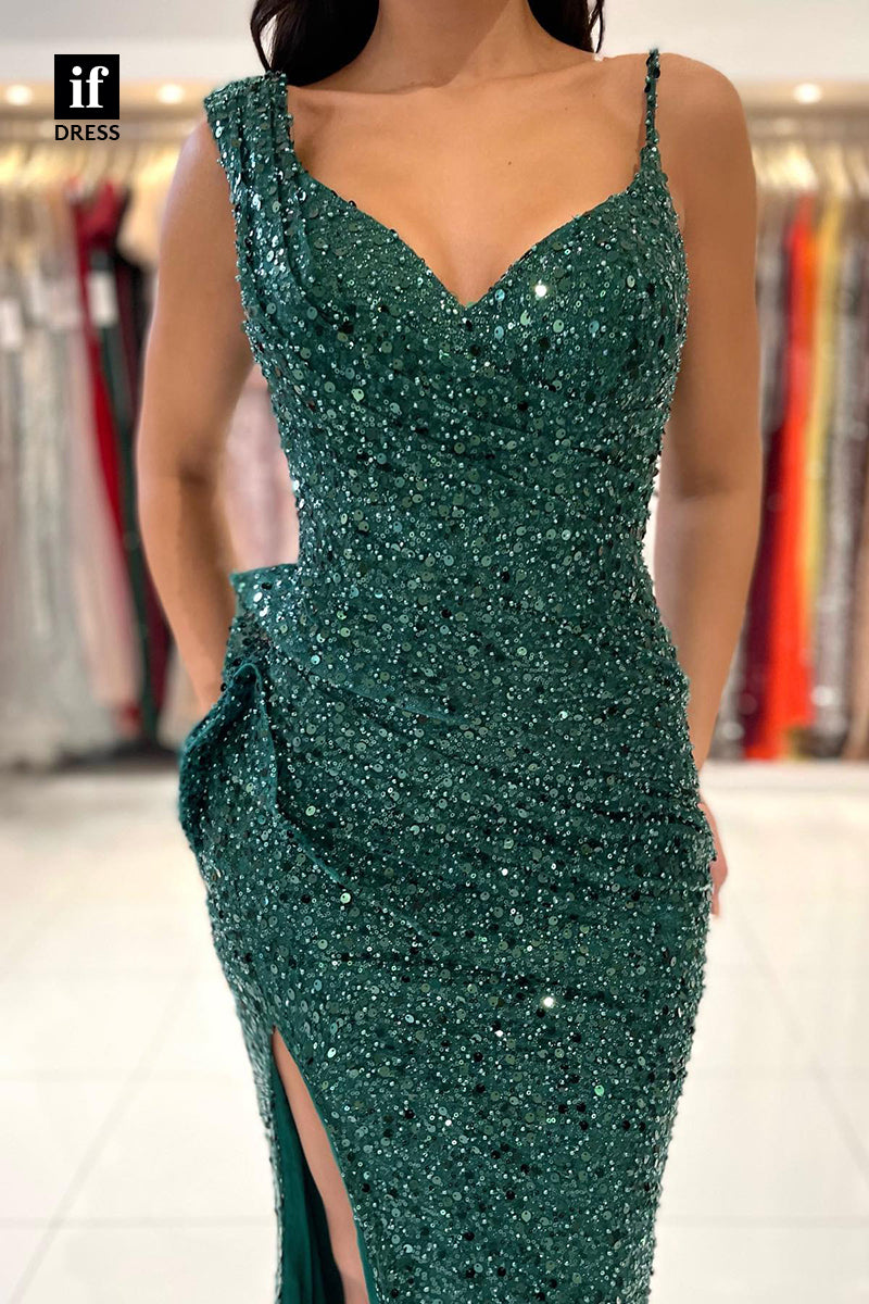 33963 - Attractive Double Straps Sequins V-Neck Prom Formal Gown with Split Glitter