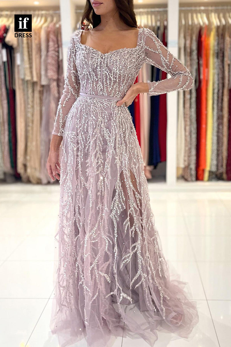 33964 - Charming Long Sleeves Sweetheart Beaded  Sparkly Prom Formal Dress