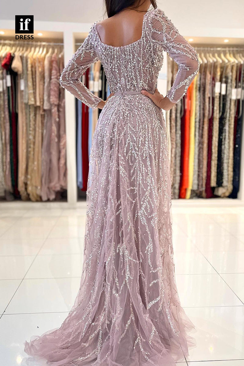 33964 - Charming Long Sleeves Sweetheart Beaded  Sparkly Prom Formal Dress