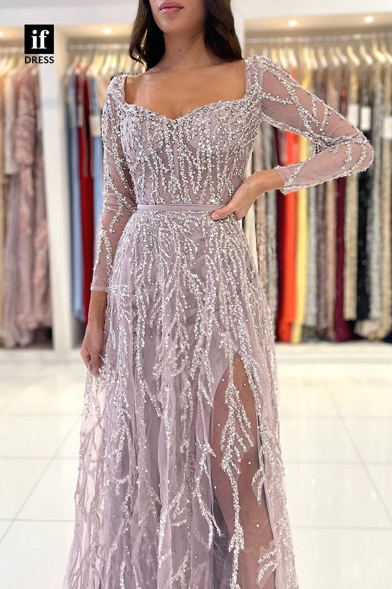 33964 - Charming Long Sleeves Sweetheart Beaded  Sparkly Prom Formal Dress