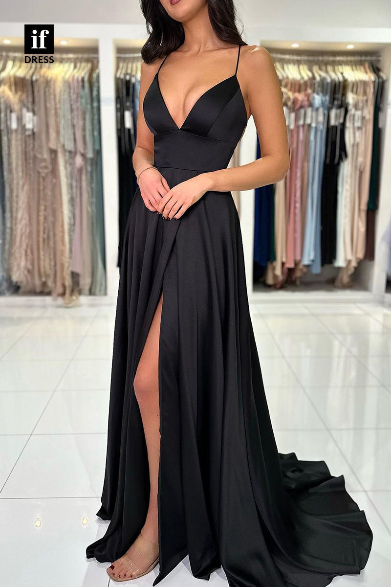 33965 - Chic A-Line Spaghetti Straps V-Neck Sleeveless Prom Formal Gown with Split