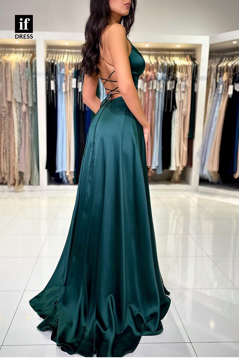 33965 - Chic A-Line Spaghetti Straps V-Neck Sleeveless Prom Formal Gown with Split