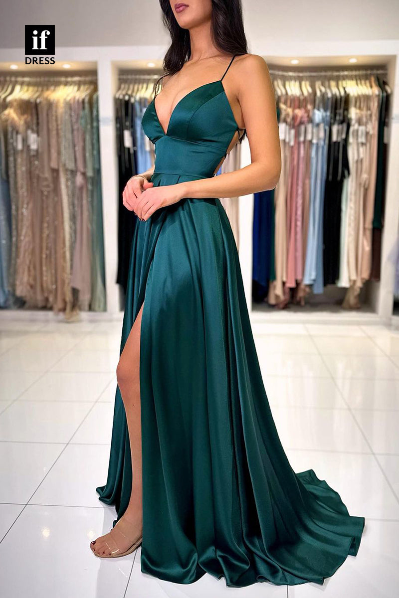 33965 - Chic A-Line Spaghetti Straps V-Neck Sleeveless Prom Formal Gown with Split