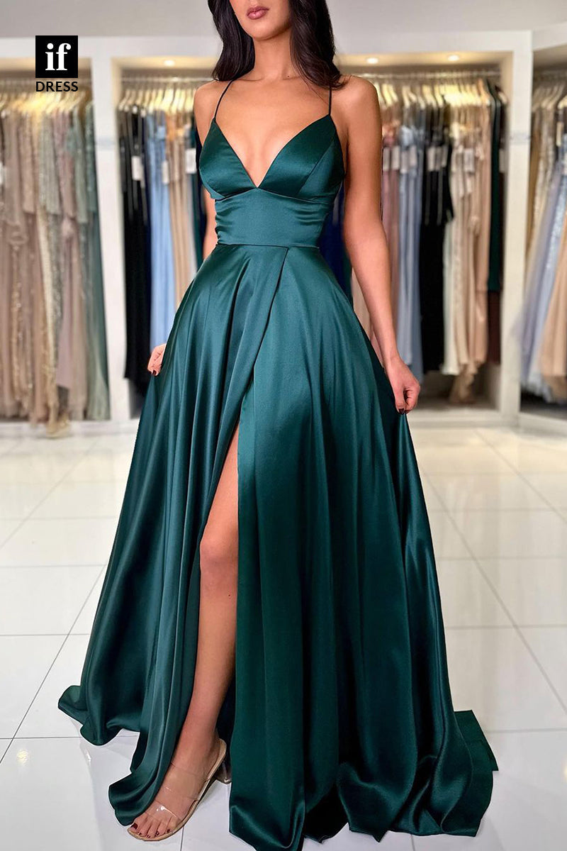 33965 - Chic A-Line Spaghetti Straps V-Neck Sleeveless Prom Formal Gown with Split