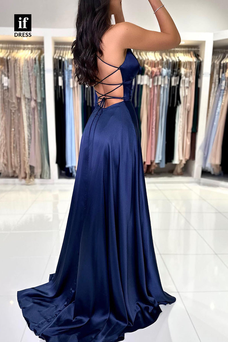 33965 - Chic A-Line Spaghetti Straps V-Neck Sleeveless Prom Formal Gown with Split