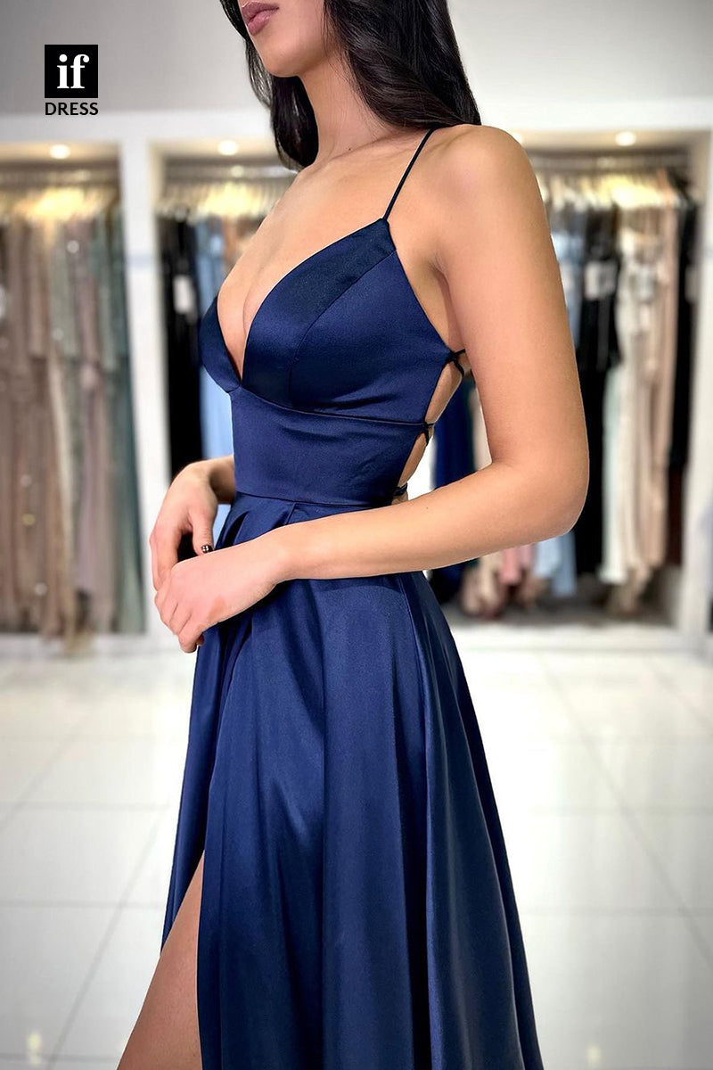 33965 - Chic A-Line Spaghetti Straps V-Neck Sleeveless Prom Formal Gown with Split