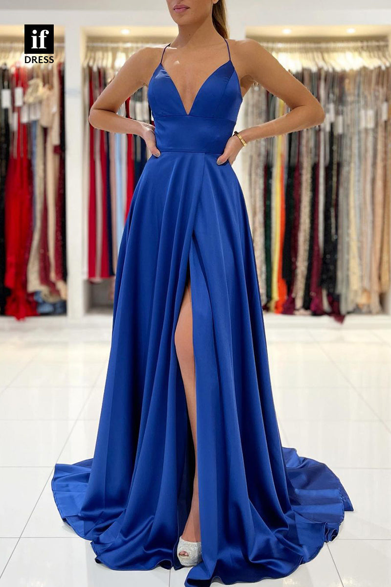 33965 - Chic A-Line Spaghetti Straps V-Neck Sleeveless Prom Formal Gown with Split