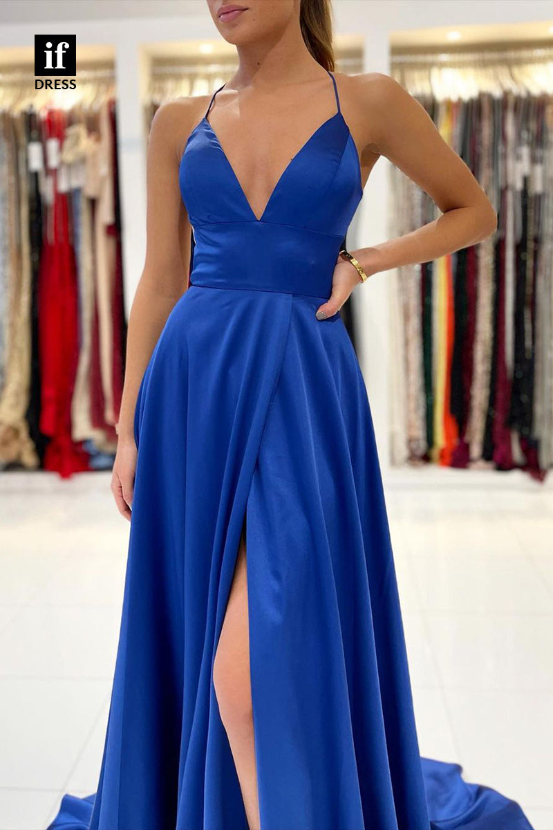 33965 - Chic A-Line Spaghetti Straps V-Neck Sleeveless Prom Formal Gown with Split