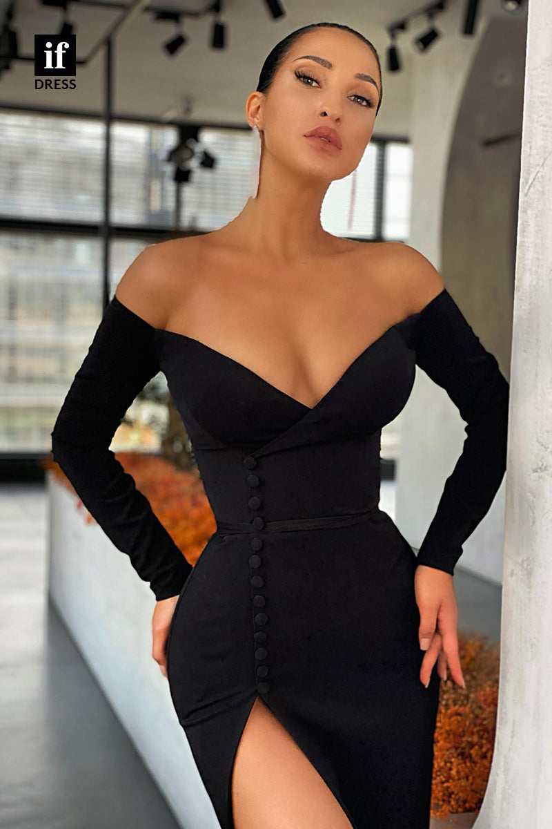 33971 - Mature Off-Shoulder V-Neck Long Sleeves High Split Formal Dress