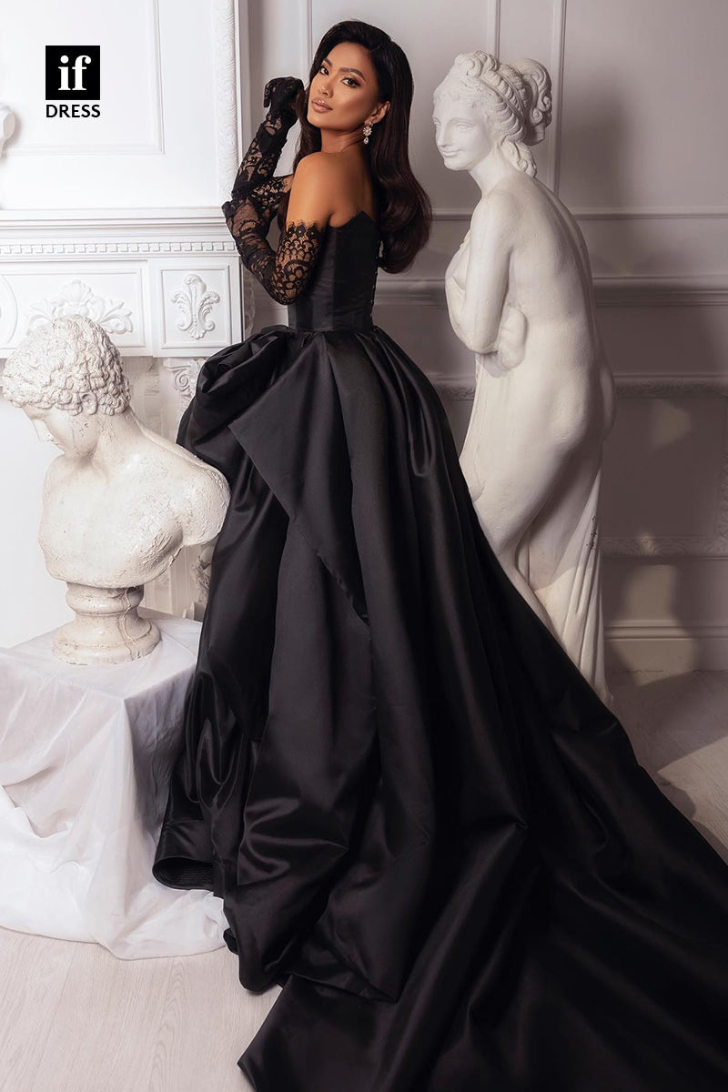 33985 - Classy A-Line Off-Shoulder V-Neck High Split Ruched Prom Formal Evening Dress