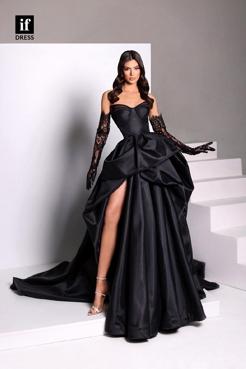 33985 - Classy A-Line Off-Shoulder V-Neck High Split Ruched Prom Formal Evening Dress