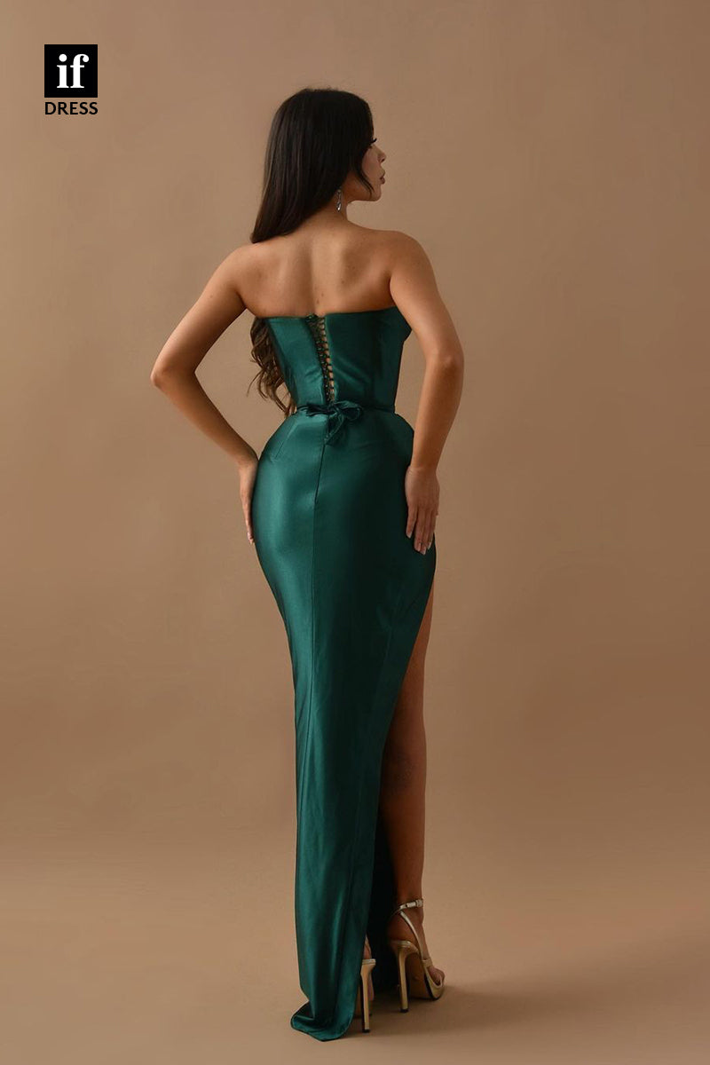 33996 - Strapless V-Neck Sheath/Column High Split Satin Pleats Prom Evening Dress