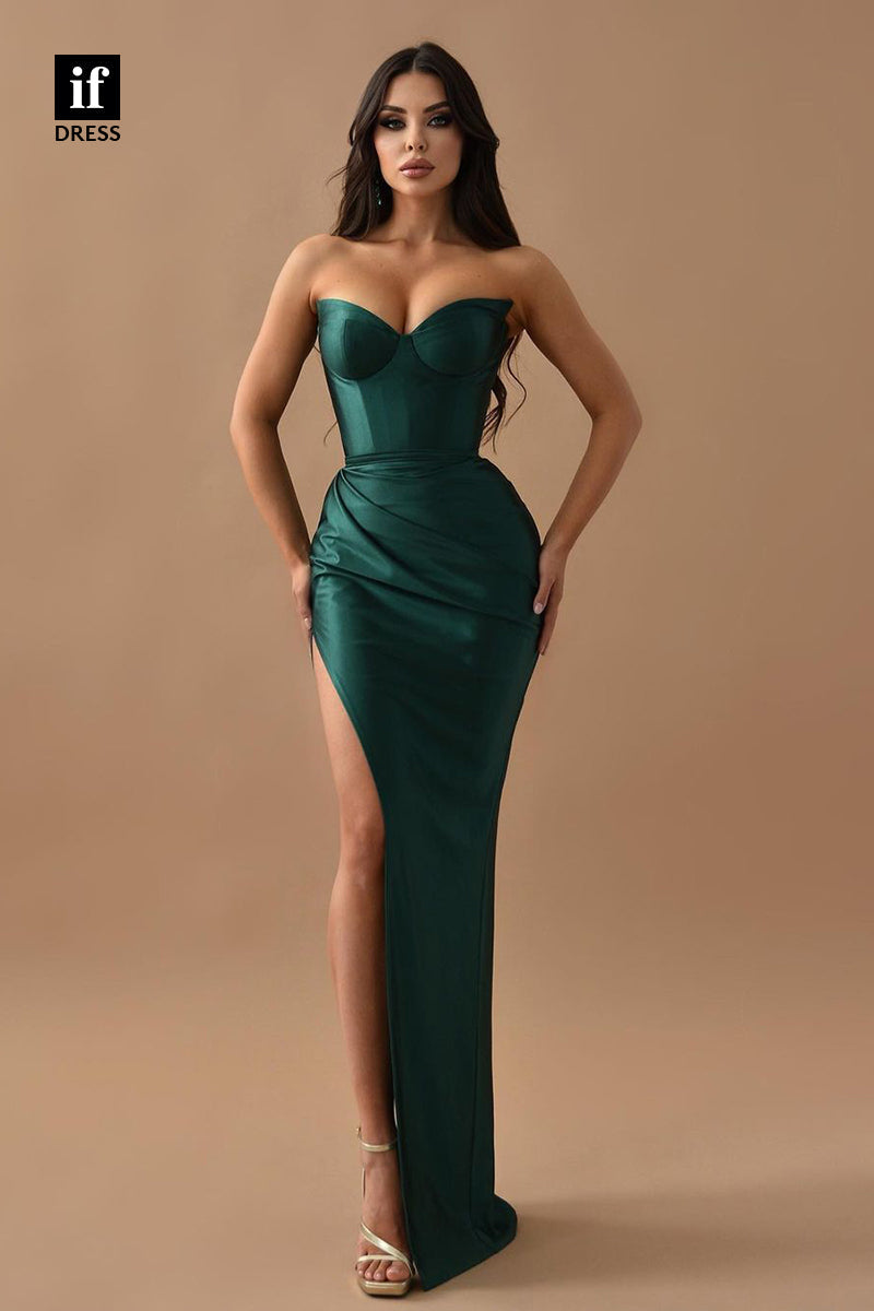 33996 - Strapless V-Neck Sheath/Column High Split Satin Pleats Prom Evening Dress