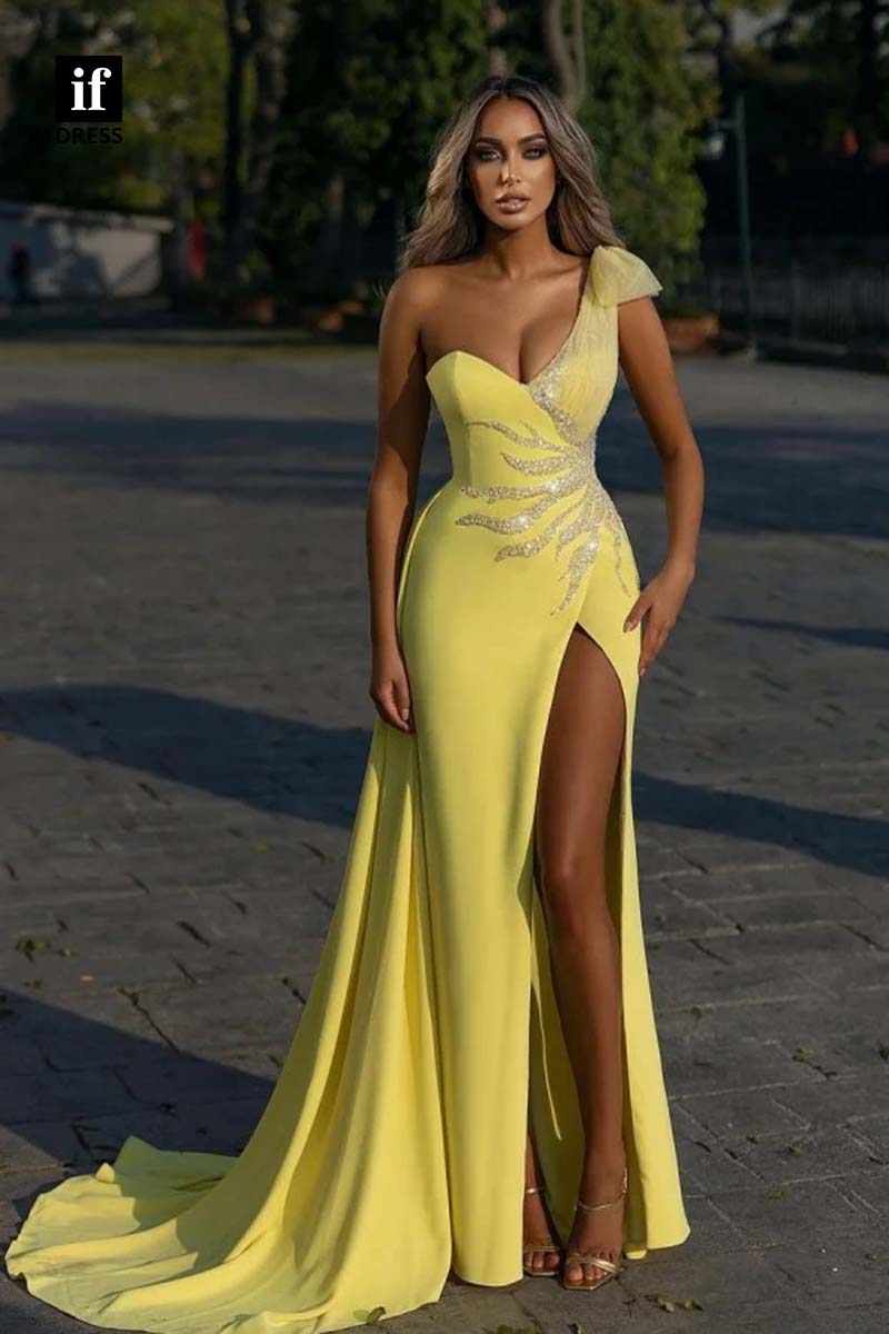 33997 - A-Line One Shoulder High Split Appliques Sleeveless Long Prom Evening Gown