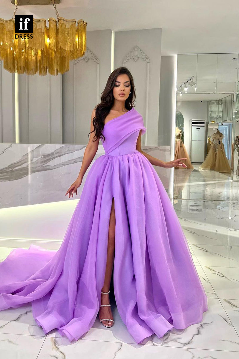 34005 - A-Line One Shoulder Empire-Waist High Slit Pleated Long Prom Formal Evening Dress