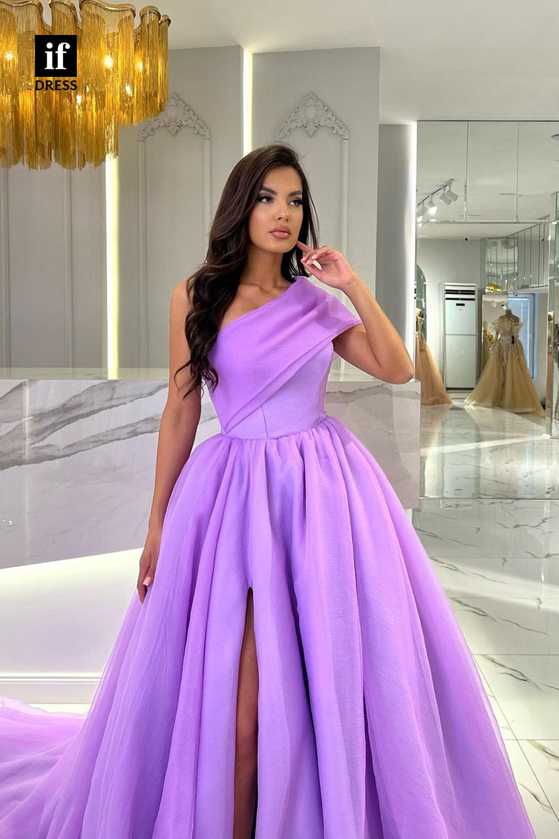 34005 - A-Line One Shoulder Empire-Waist High Slit Pleated Long Prom Formal Evening Dress