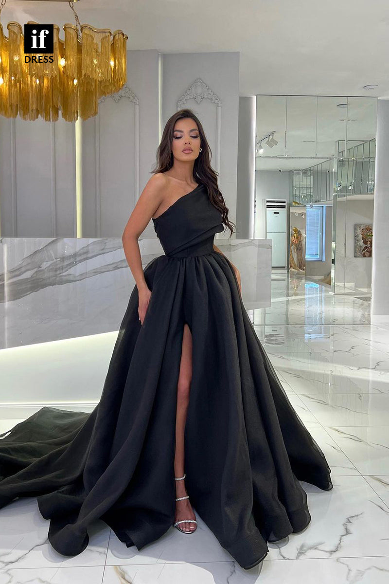 34005 - A-Line One Shoulder Empire-Waist High Slit Pleated Long Prom Formal Evening Dress