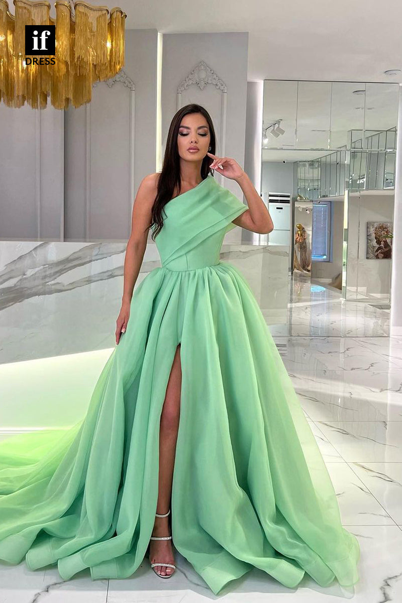 34005 - A-Line One Shoulder Empire-Waist High Slit Pleated Long Prom Formal Evening Dress