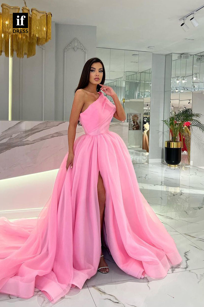 34005 - A-Line One Shoulder Empire-Waist High Slit Pleated Long Prom Formal Evening Dress