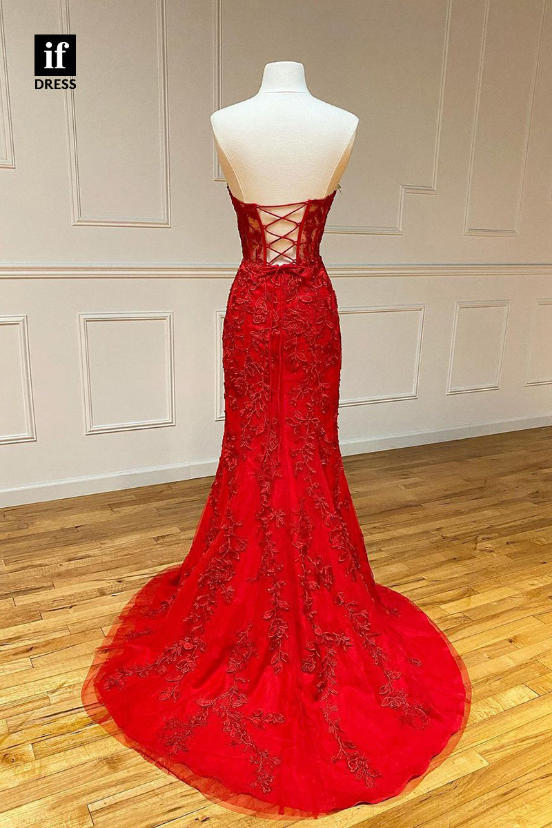 34012 - Romantic Off-Shoulder V-Neck Lace Appliques Mermaid Prom Formal Dress