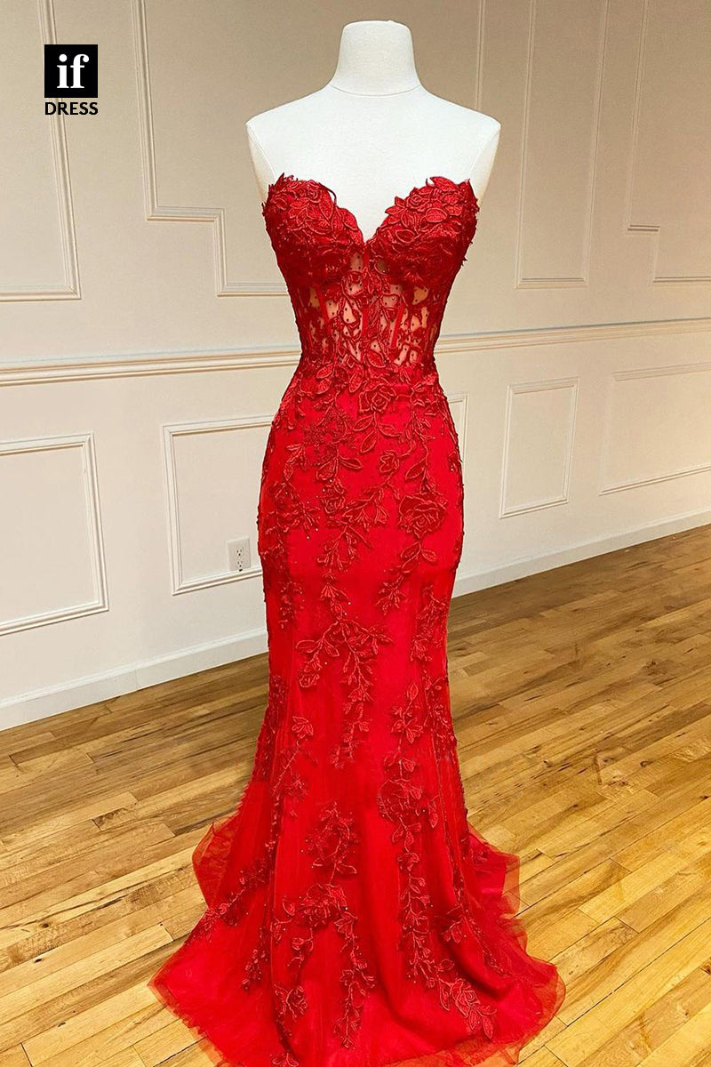 34012 - Romantic Off-Shoulder V-Neck Lace Appliques Mermaid Prom Formal Dress