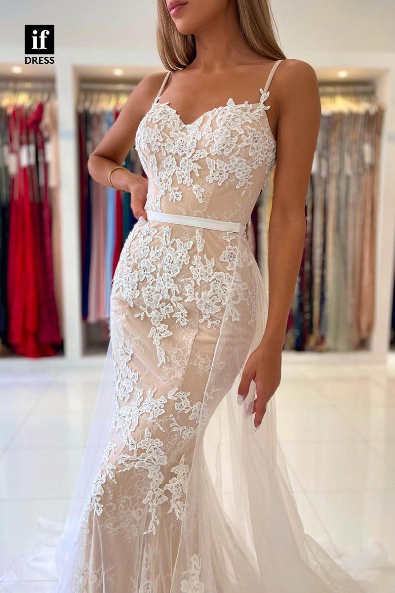 34014 - Attractive Spaghetti Straps Sweetheart Lace Appliques Memraid Prom Formal Dress