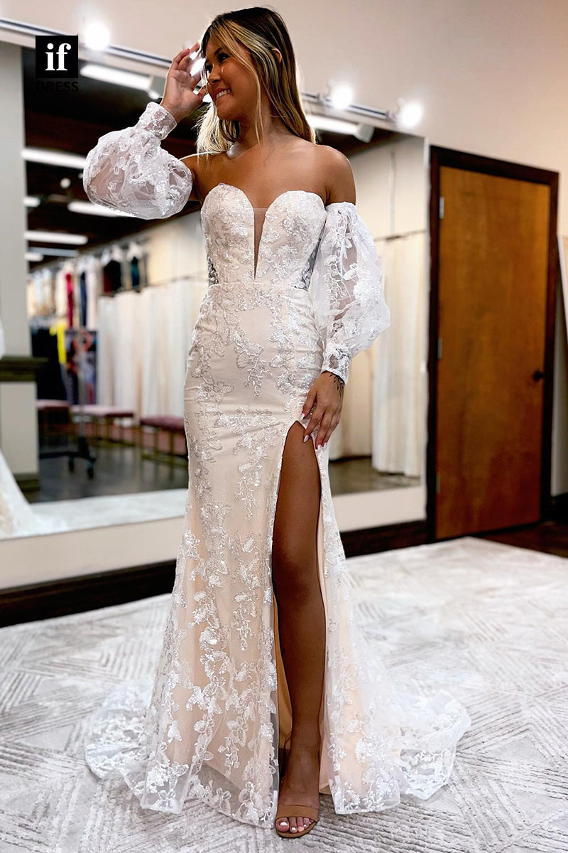 34016 - Generous Long Sleeves Plunging V-Neck Appliques Prom Formal Gown