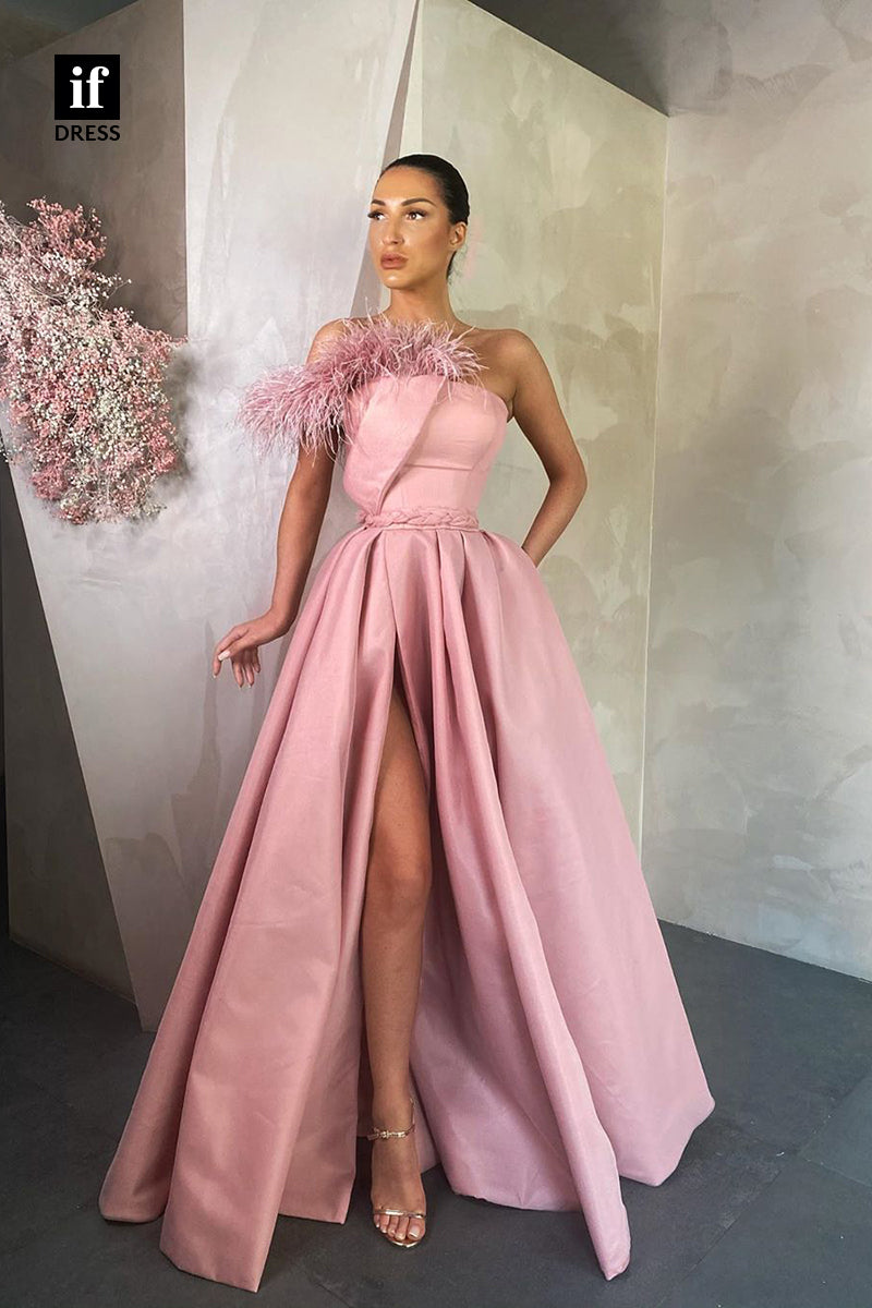 34026 - Honorable Off-Shoulder A-Line Sleeveless Satin Feathers Prom Formal Gown