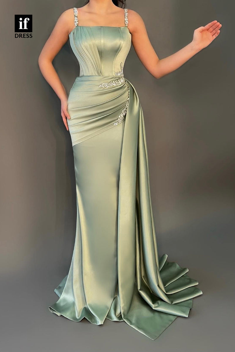 34034 - Elegant Straps Beads Pleats Long Sleeveless Prom Formal Evening Dress