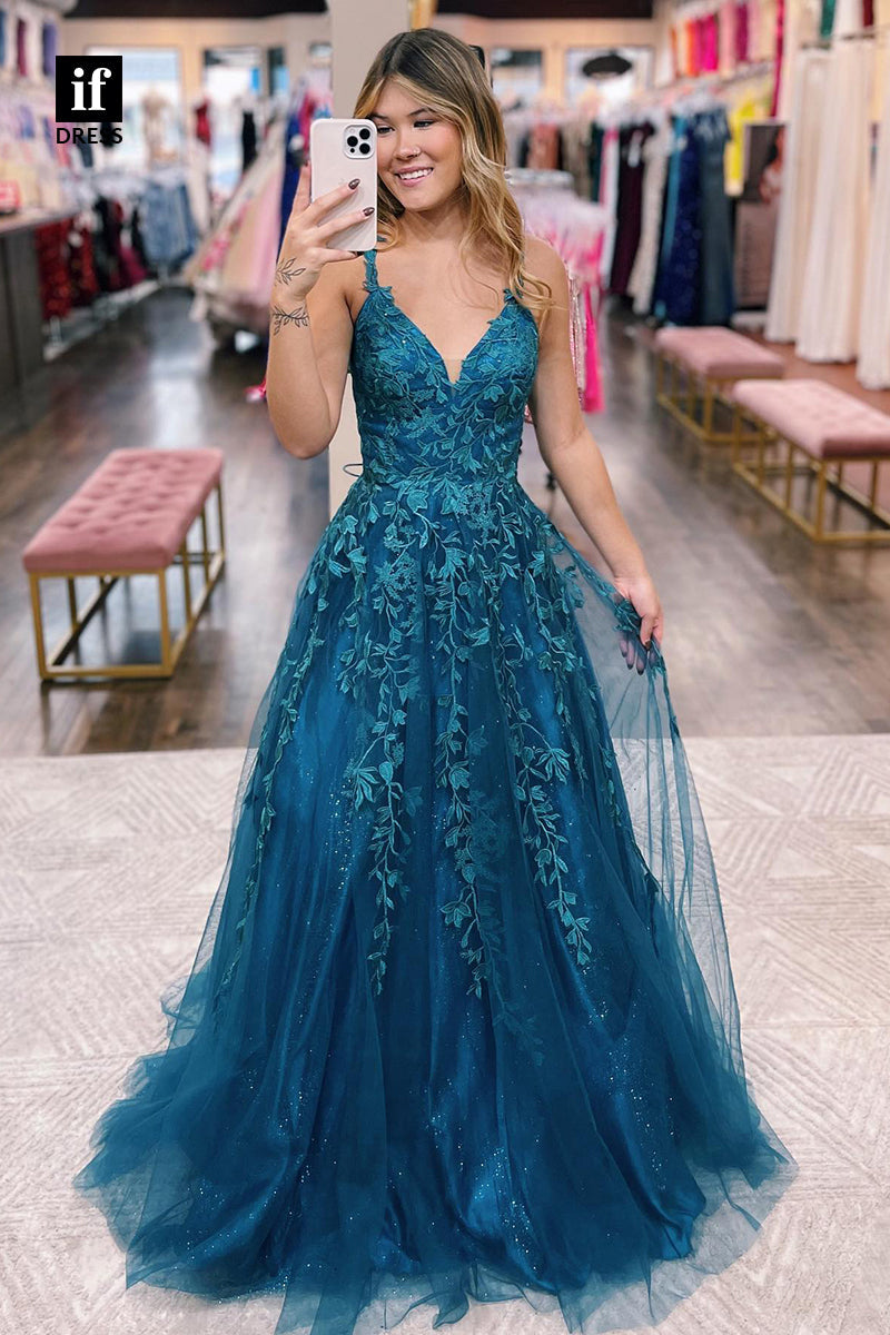 34037 - A-line V-Neck Lace Appliques Blue Long Prom Dress