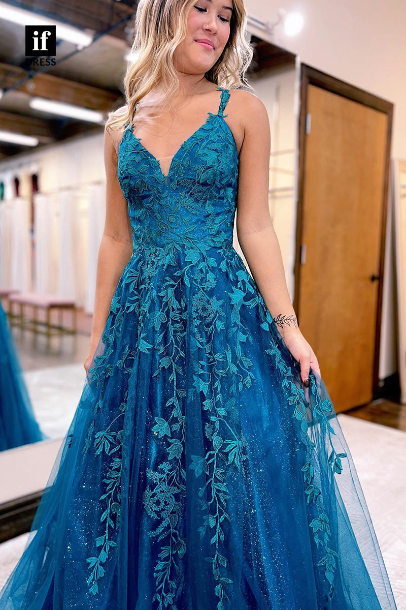 34037 - A-line V-Neck Lace Appliques Blue Long Prom Dress