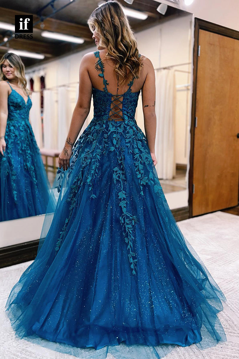 34037 - A-line V-Neck Lace Appliques Blue Long Prom Dress