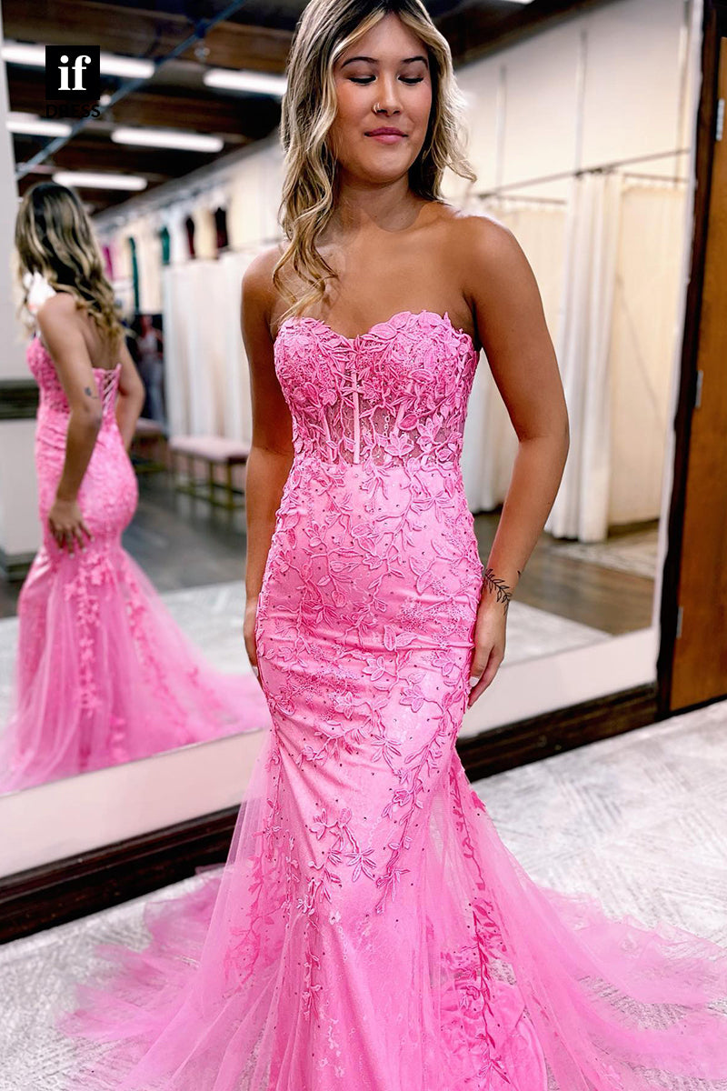 34038 - Off Shoulder Mermaid Sweetheart Lace Appliques Long Prom Evening Dress