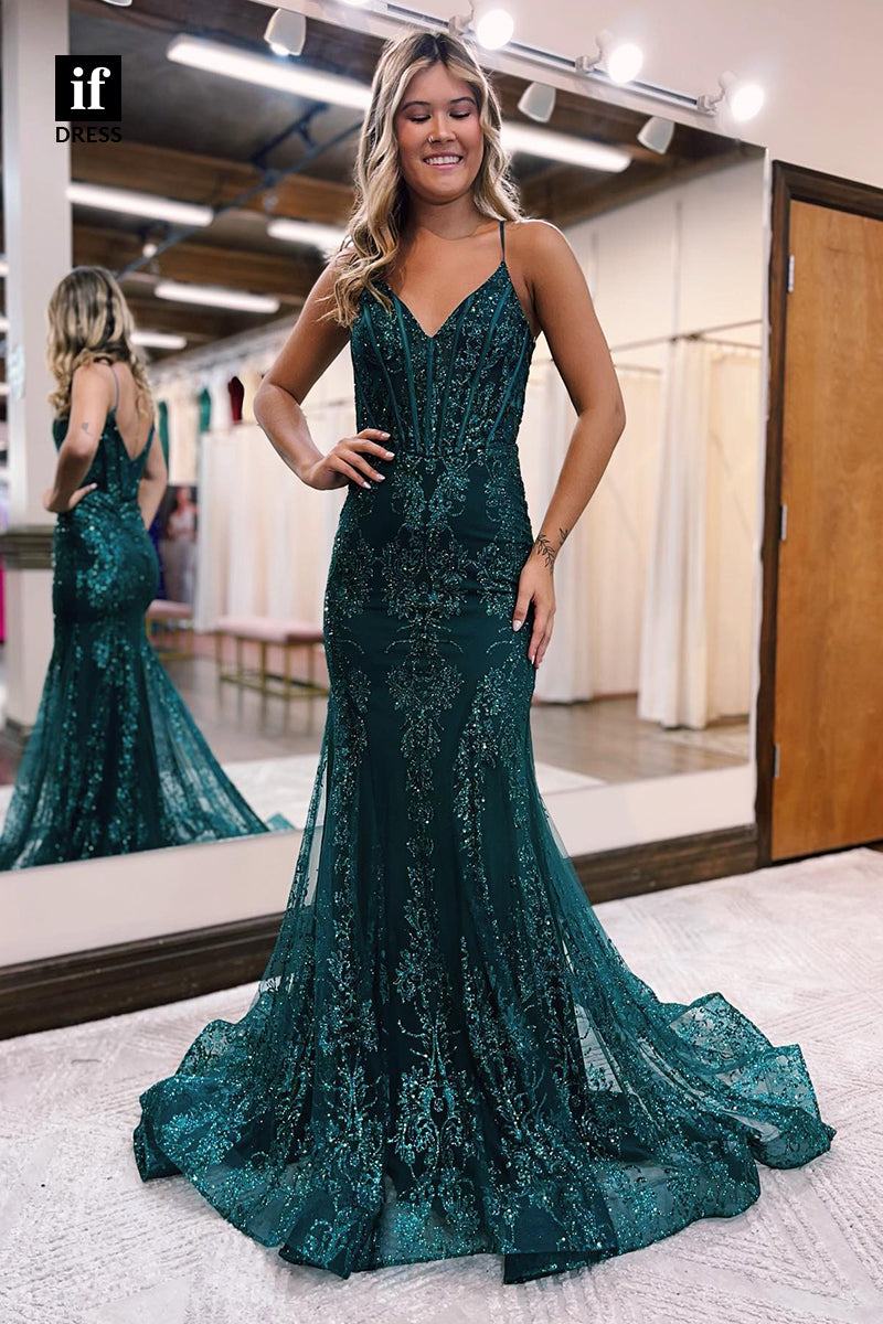 34041 - Sexy V-Neck Sequins Appliques Sparkly Mermaid Prom Dress