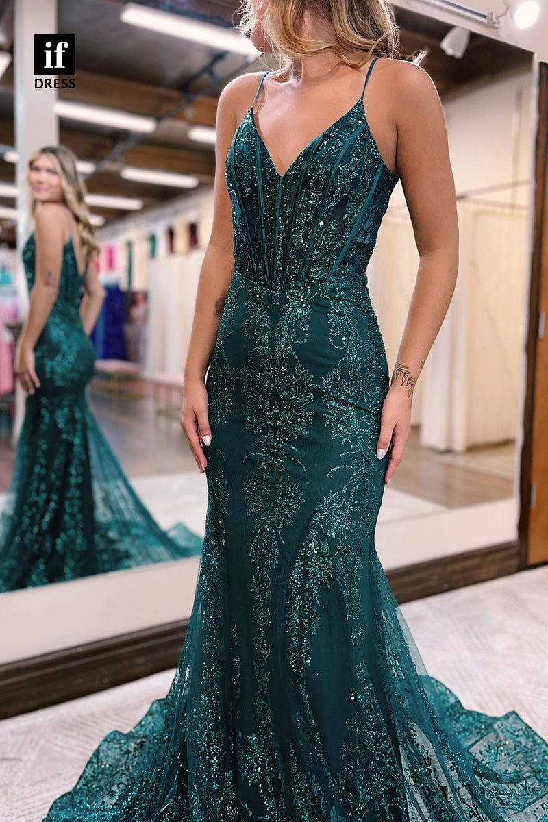 34041 - Sexy V-Neck Sequins Appliques Sparkly Mermaid Prom Dress