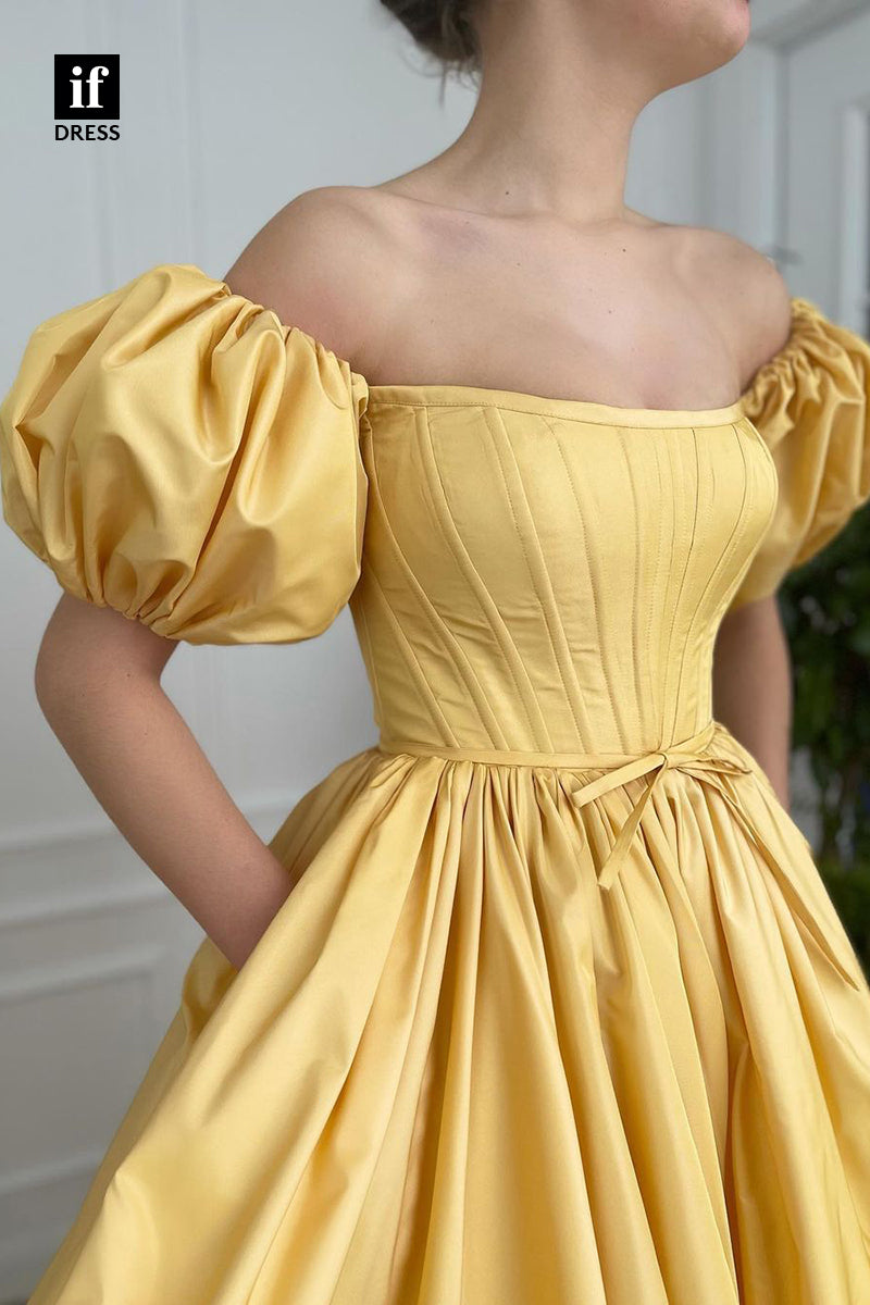 34044 - A-line Square Short Sleeves High Split Yellow Long Prom Dress with Pockets