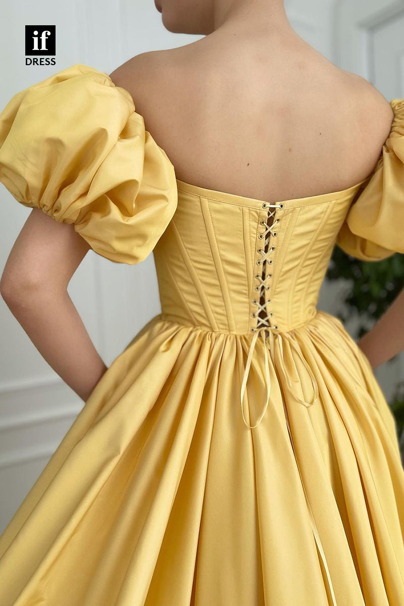 34044 - A-line Square Short Sleeves High Split Yellow Long Prom Dress with Pockets